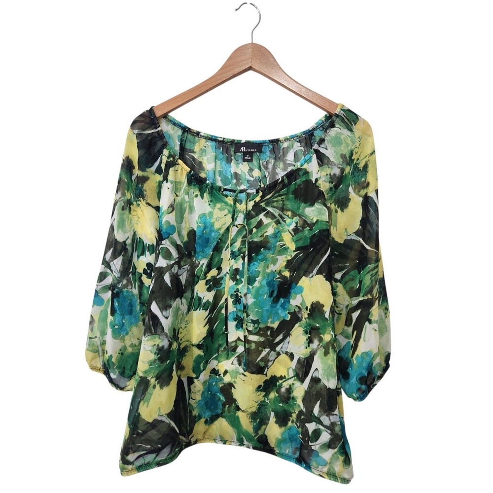 AB Studio Women's Blouse Top Size M SHEER Green Elastic Neck Tasseltie 3/4 SL